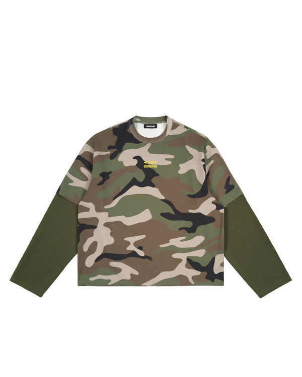 GREEN CAMO FAUX LAYERED LONG SLEEVE T-SHIRT