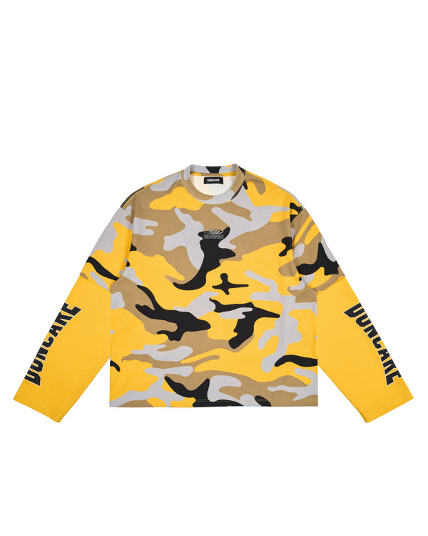 YELLOW CAMO FAUX LAYERED LONG SLEEVE T-SHIRT
